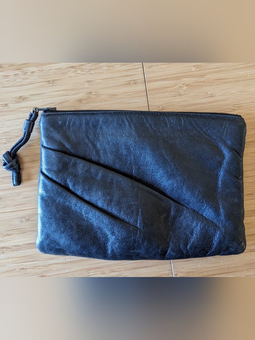 VTG Ruth Saltz Black Leather Pleated Clutch Pouch 70s / 80s Autograph Lining
